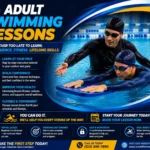 Adult male swimmer receiving swimming instruction with kickboard in indoor pool