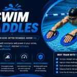 Man swimmer training with swim paddles in a pool