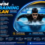 Male swimmer in full swimming kit performing butterfly stroke in an indoor pool with structured swim training plan icons and tips