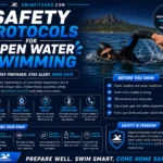Safety protocols for open water swimming with a male swimmer wearing full safety gear.