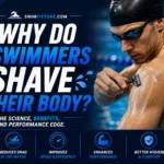 Competitive swimmer shaving body hair before a swimming race.
